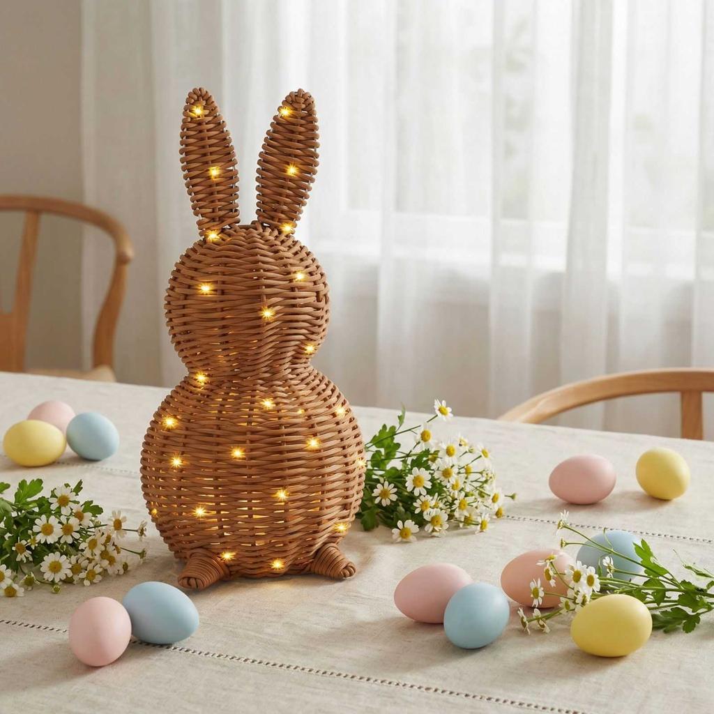 Modern Easter Wicker Bunny Ornament, 13.8-inch Woven Bunny Desktop Figurine With String Lights