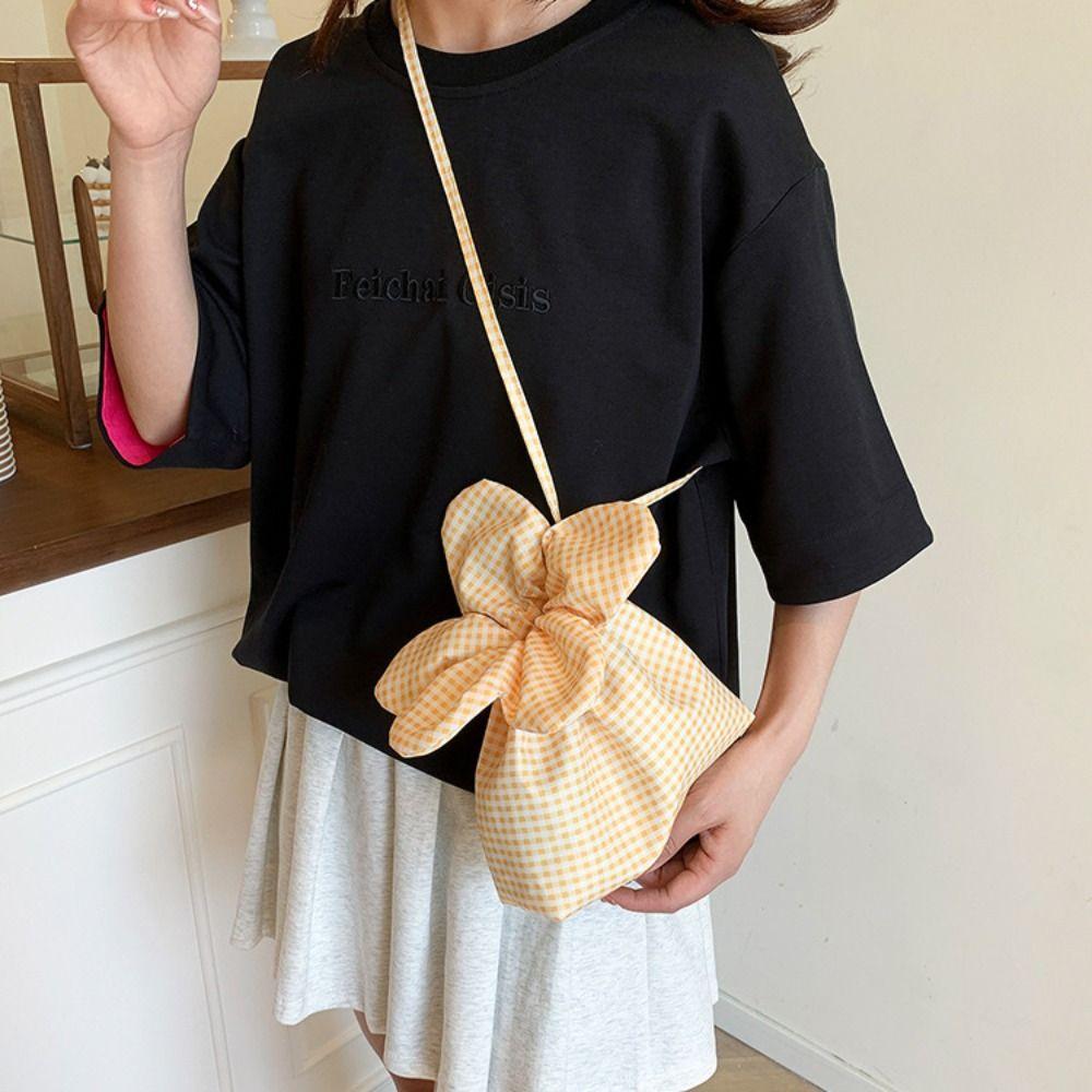 Cute Flower Handbag Printing Shoulder Bags Casual Plaid Drawstring Bag  Student