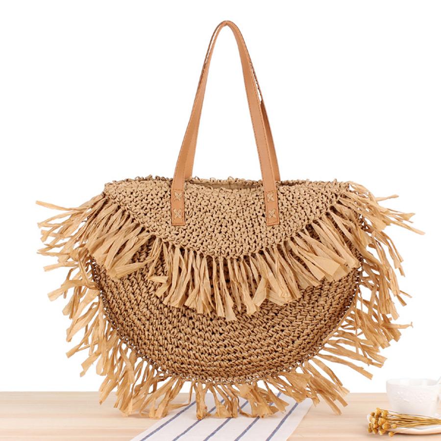 

Bohemian Semi-Circular Tassel Single-Shoulder Straw Handbags Summer Woven Paper Beach Women s Bag Hollow Out Knitting Totes Bag