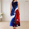 Women Plus Size Sleeveless Long Dress Round Neck Triple Keyhole Cutout Eagle Flag Print Red Blue White