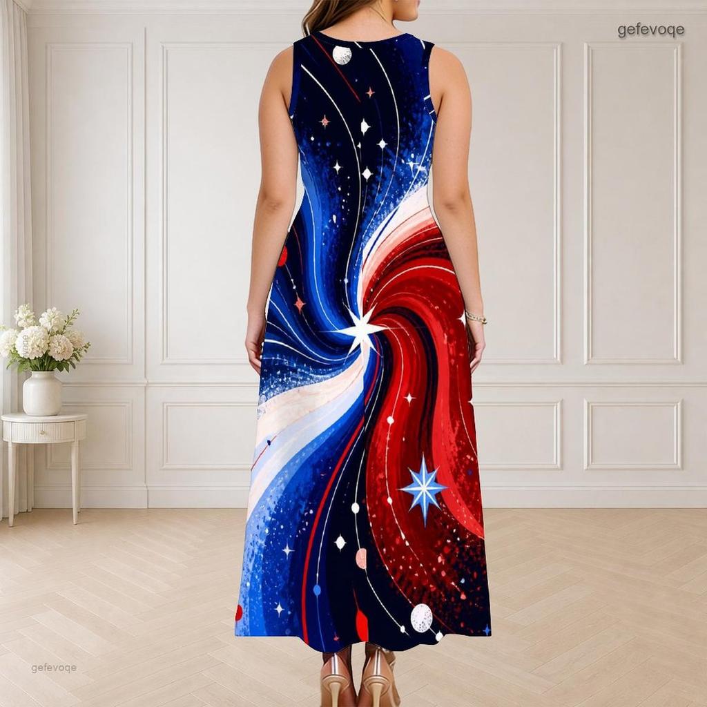 Women Plus Size Sleeveless Long Dress Round Neck Triple Keyhole Cutout Eagle Flag Print Red Blue White