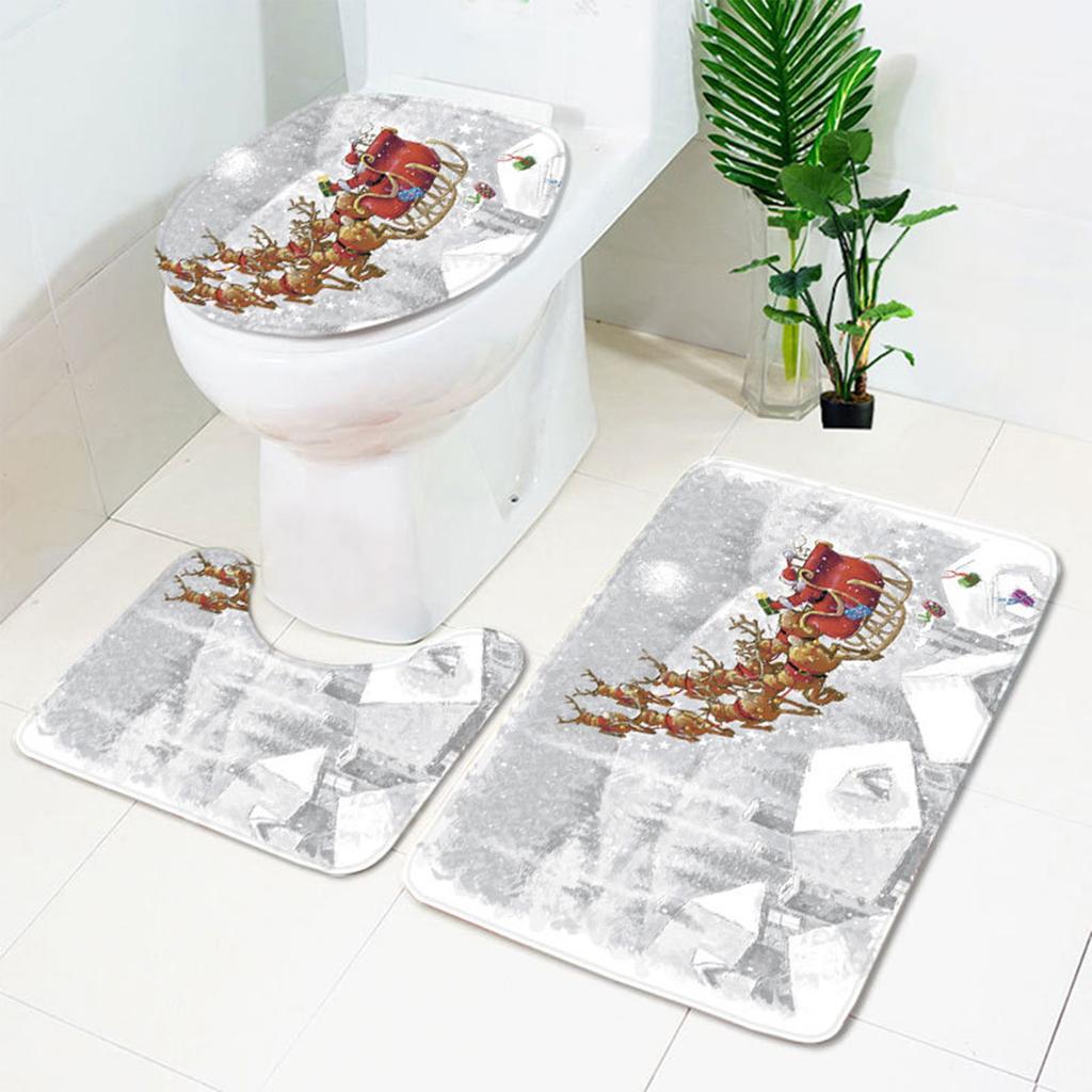 3Pcs Christmas Bathroom Pedestal Rug Lid Toilet Cover Bath Mat Shower Bathroom Non- Pedestal Rug