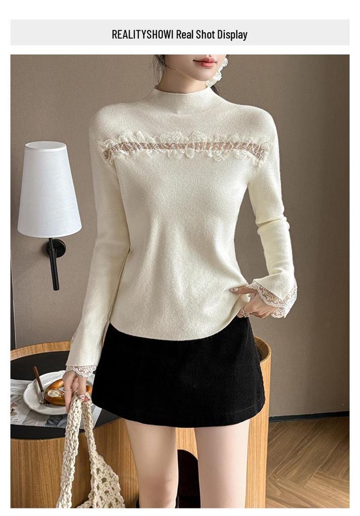 2026 Lace Trim Long Sleeve Korean Style Knit Sweater for Women: Autumn Winter Slightly Sexy Inner or Outer Wear