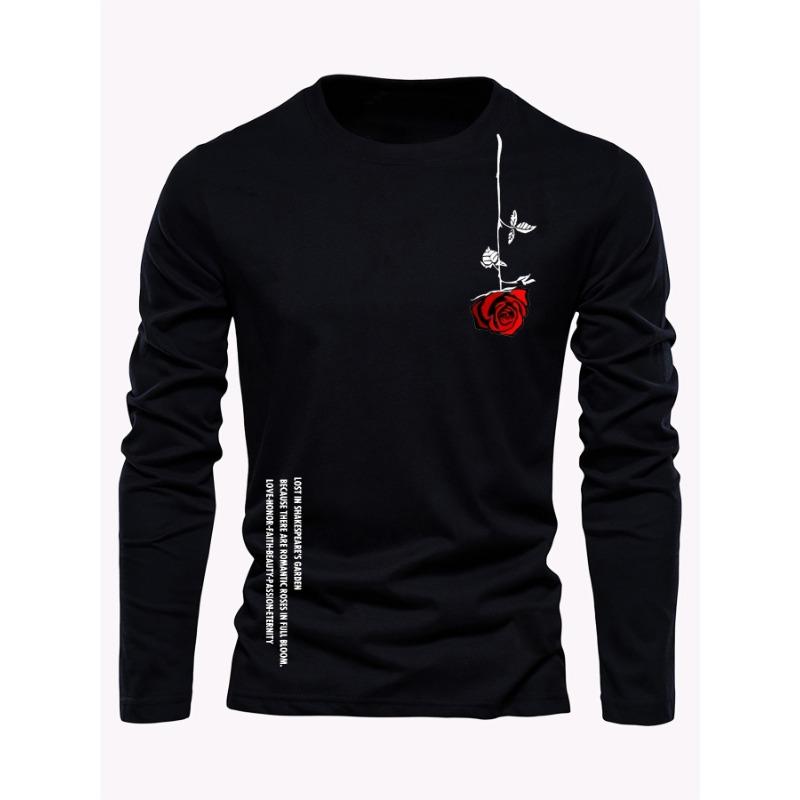Herren langärmliges rundhalsiges lockeres lässiges T-Shirt-Oberteil mit Rosen-Buchstaben-Aufdruck für Frühling und Herbst, vielseitig