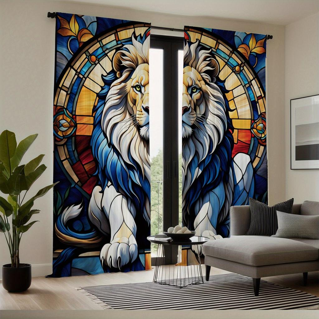 2 Panels Glam Style Lion Print Semi-Sheer Curtains, Machine Washable Polyester Decorative Drapes with Rod Pocket for Living Room
