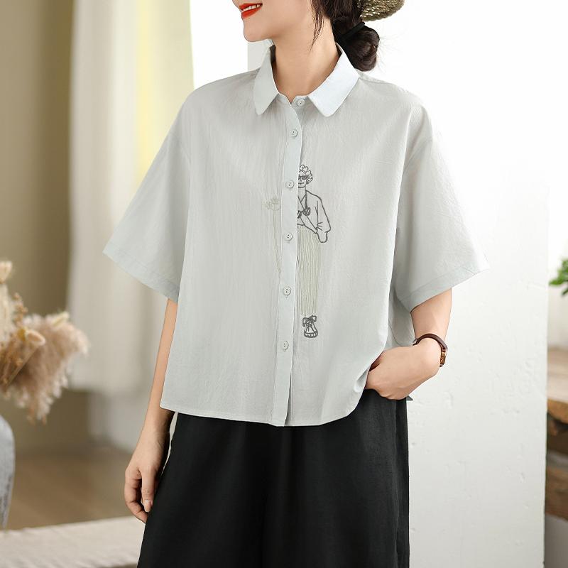 DIMANAF 2026 Women Plus Size New Summer Blouse Shirt Short Sleeve Casual Loose Embroidery Lady Tops Shirts Cotton