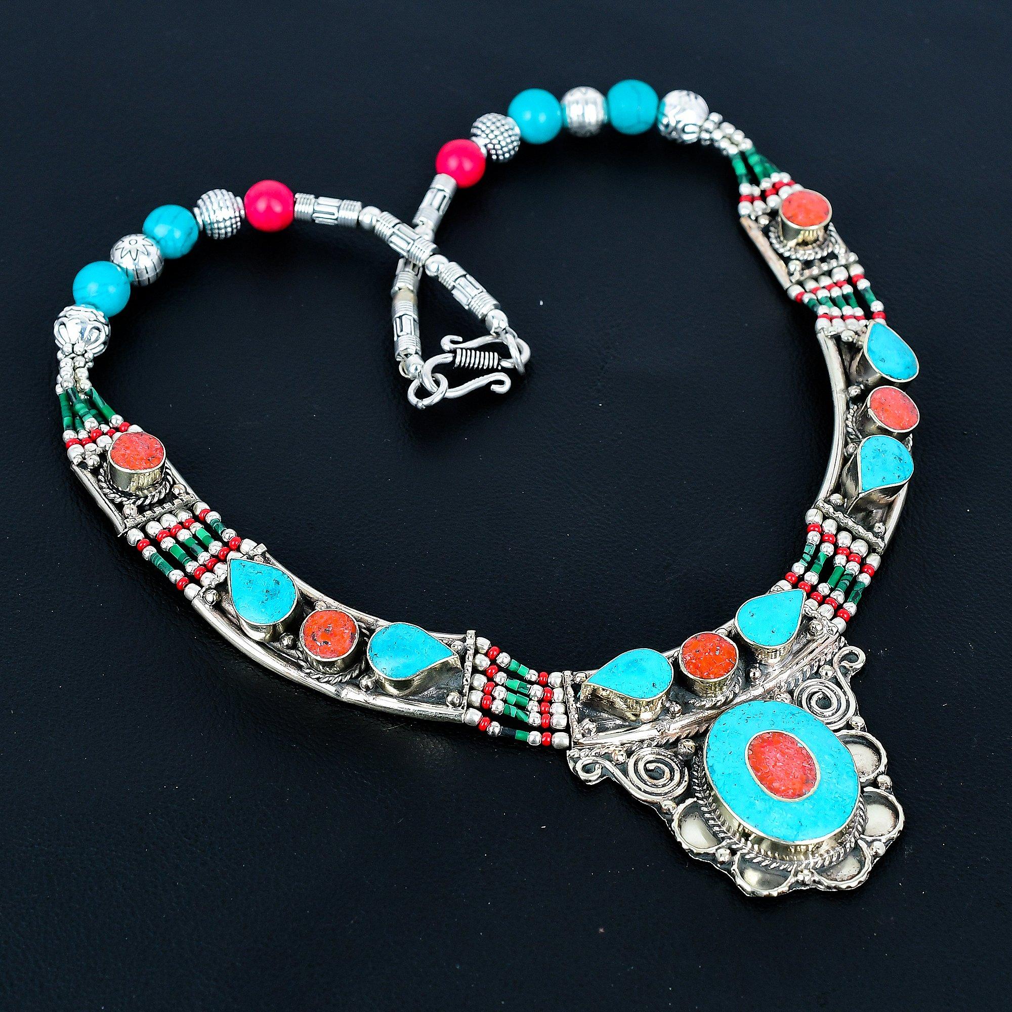 

Бирюзовый, Коралл Ожерелье из стерлингового серебра 925 пробы Тибетское серебряное ожерелье Богемное антикварное ожерелье Украшения ручной работы Непальское ожерелье Подарок для жены 20 красный