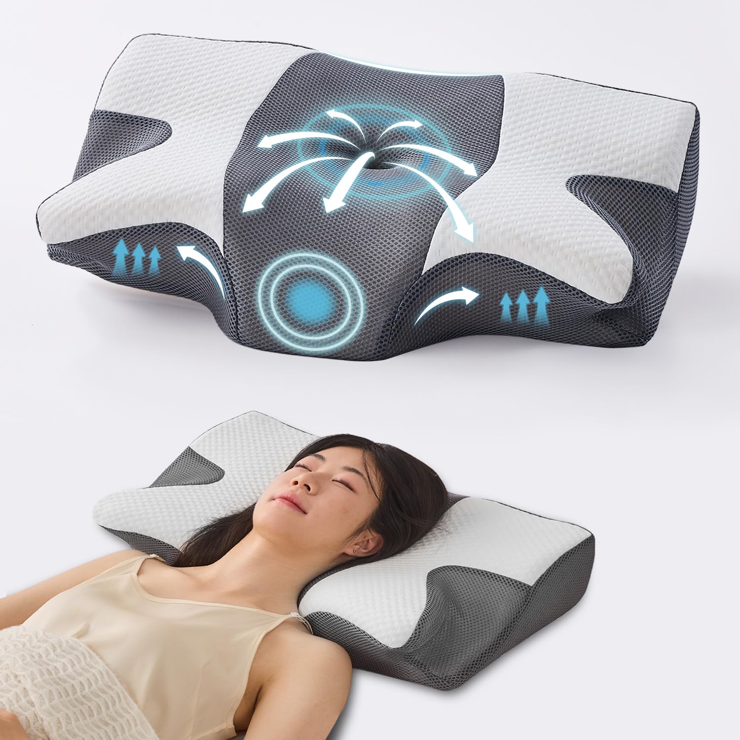 

Подушка из пены памяти aicomri для боли в шее Подушка для спокойного сна с вогнутым полым дизайном для ушей и двойной наволочкой и регулируемая Подходящая