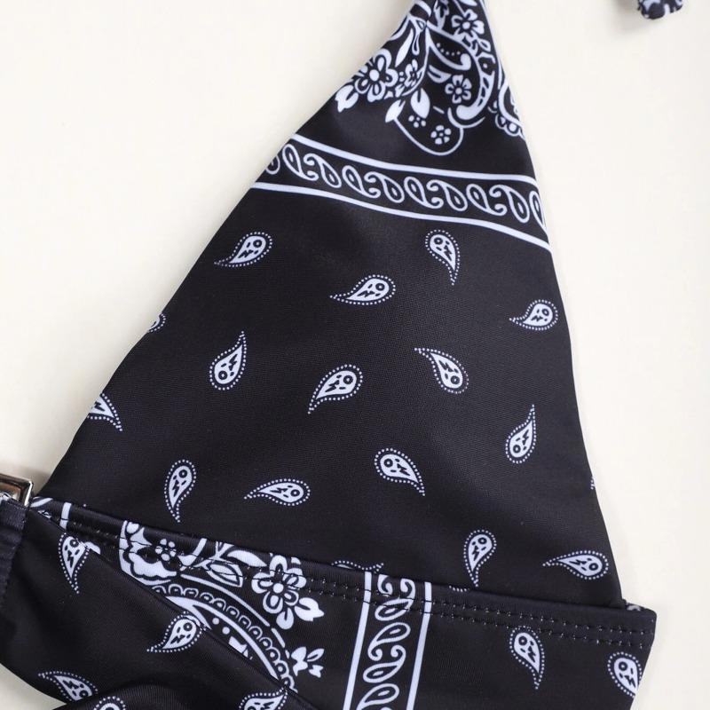 Women's Bandana Paisley Print High Waist Bikini Set, Halter Two Piece Swimsuit