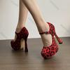 Fashion Sexy Leopard Waterproof Platform Women Pumps Round Toe Buckle Strap Super High Heels Women Shallow Mouth Shoes Big Size 35-45