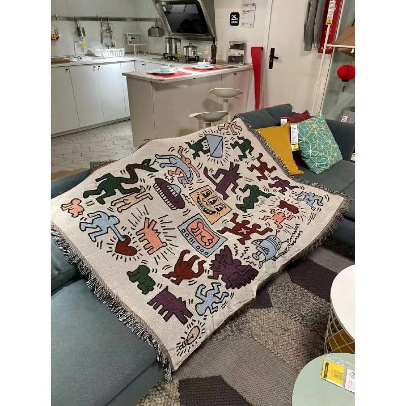 New Graffiti Colored Tassel Edge Sofa Towel Simple Anti Slip Thick Cover Blanket Seasonal Universal Couch Decoration Dust Covers