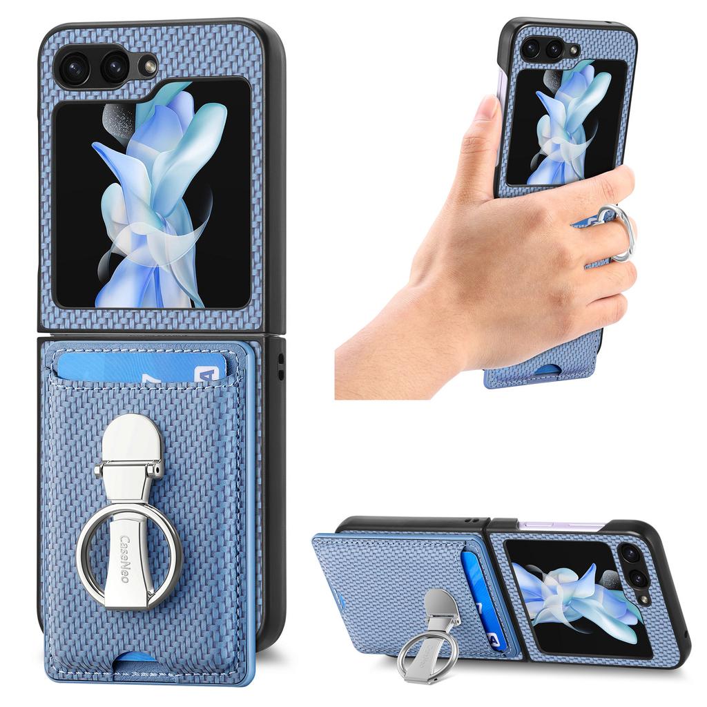 Folding Ring Holder Card Solt Carbon Fibre Wallet Case For Samsung Galaxy Z Flip 6 5 4 3 5G Flip6 flip5 Stand Vertical Bag Cover