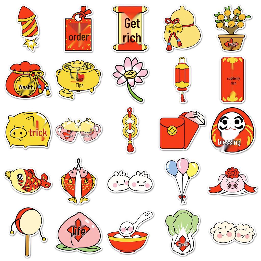 50 Cute Hand-Painted New Year Graffiti Stickers for Water Bottles and Phone Cases