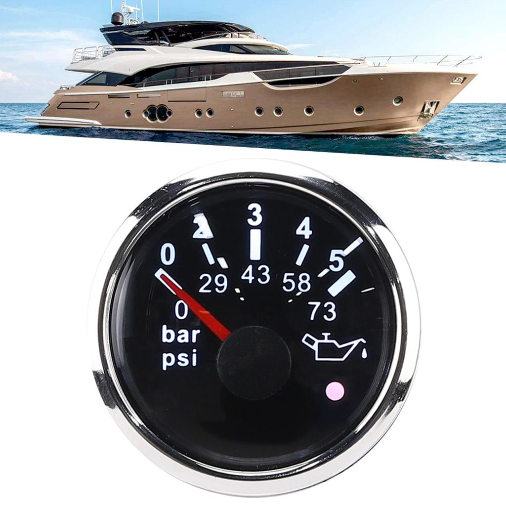 52MM 2in IP67 Oil Pressure Gauge 0‑5BAR 0‑73PSI Meter with Smart Alarm for Cars Yachts BoatsBlack Dial