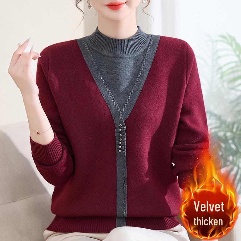 

Mom s New Plus Velvet Sweater: Faux Two-Piece Knit for Middle-Aged & Elderly Women 5XL (140-155 lbs)