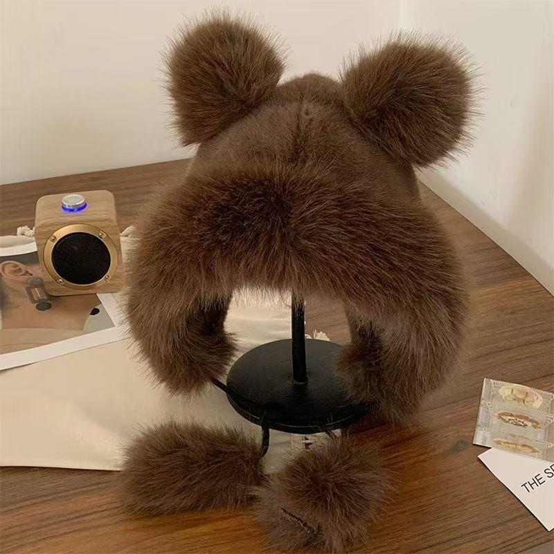 Women's Winter Faux Mink Fur Lei Feng Hat with Bear Ears and Ear Protection - Cute, Thickened, and Warm