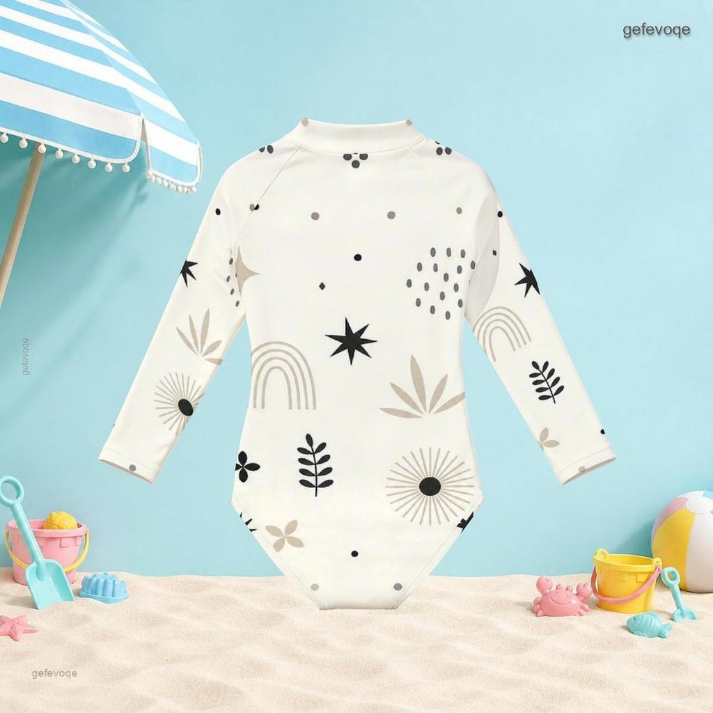 Girls Cream White High Neck Long Sleeve Front Zip Floral Printed One Piece Swimsuit