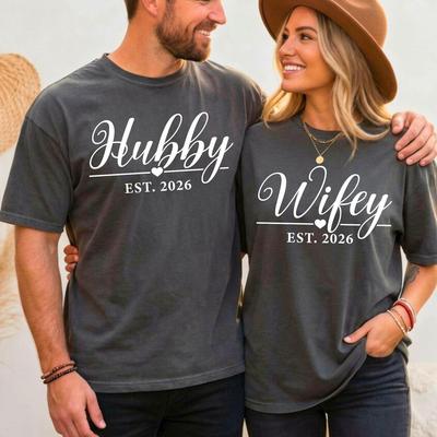 Comfort Colors Hubby Wifey Shirt, Matching Couple Tshirt With Est Year, Personalized Husband Wife Tee, Wedding Anniversary Gift , Couple Top