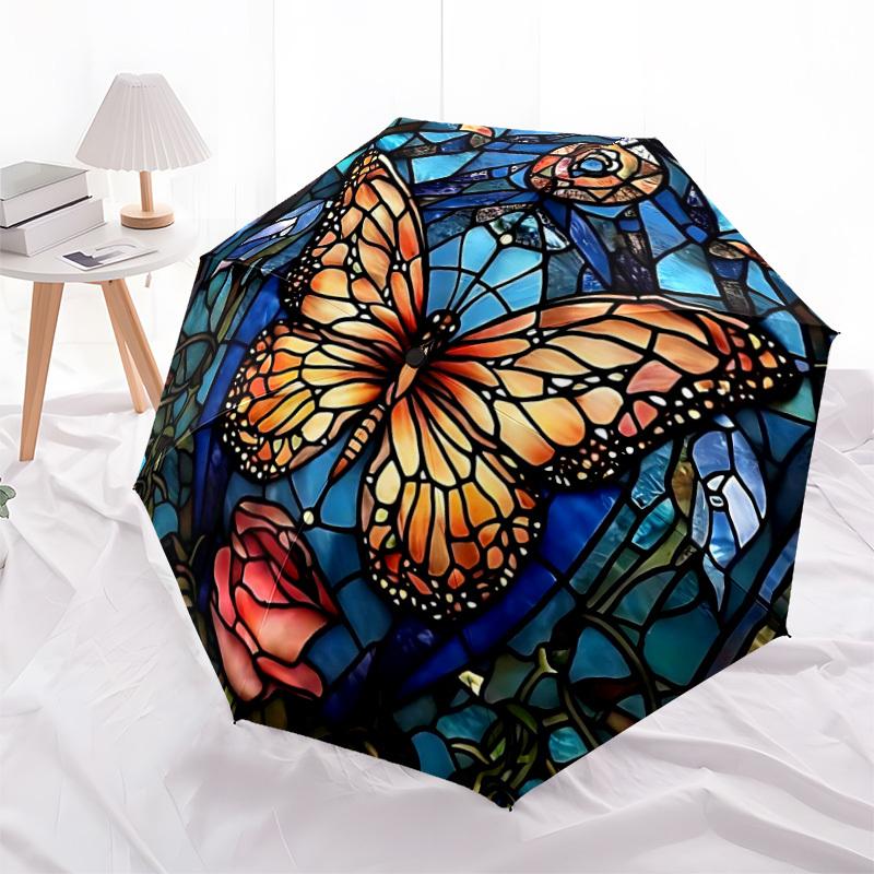 1PC Butterfly StainedGlass Automatic Folding Umbrella Portable Collapsible 8-Rib Umbrella for All Seasons, Casual Outdoor Accessory, A01