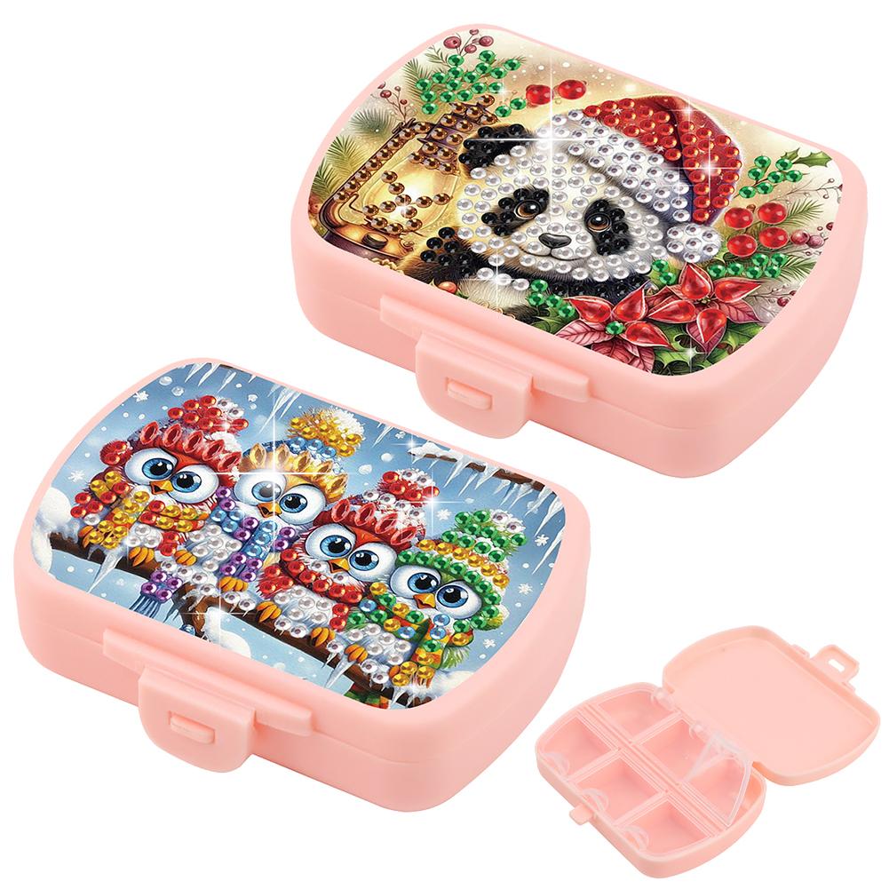 2Pcs DIY Animal Pattern Portable Crystal Pill Dispenser 6 Grid Diamond Painting Dot Pill Box Moisture-Proof for Adults Beginners
