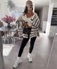 New autumn and winter sweater for women, loose contrasting stripes, reverse bone embroidery, knitted cardigan jacket for women 3583 KTB