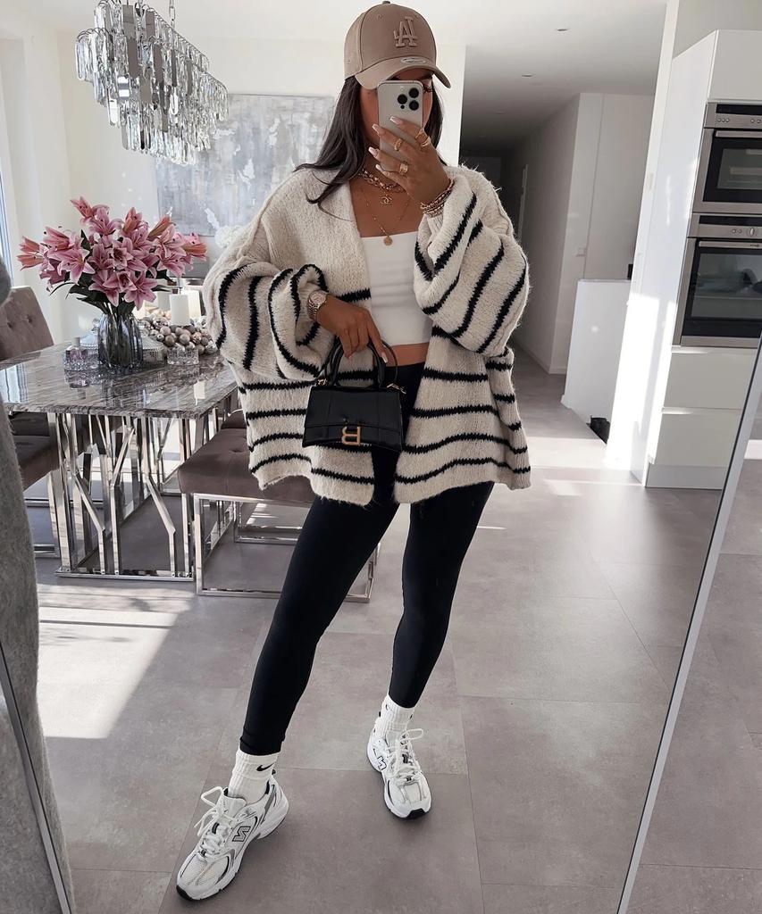 New autumn and winter sweater for women, loose contrasting stripes, reverse bone embroidery, knitted cardigan jacket for women 3583 KTB