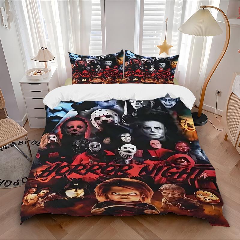 3pcs Horror Night Movie Characters Comforter Set with 1 Quilt Cover and 2 Pillowcases (No Core) - Halloween Decorations, Home Decor, Holiday Gift, Pol