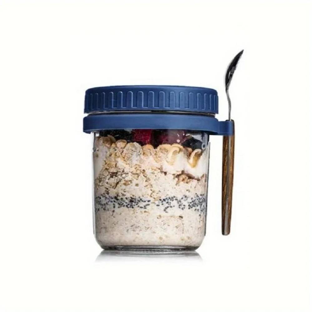 

1pack Cup 350ML Overnight Oat Cup Glass With Lid And Spoon Seal Food Breakfast Cup Portable Cereal Milk Salad Yogurt Cup Kitchen 301-350ml синий