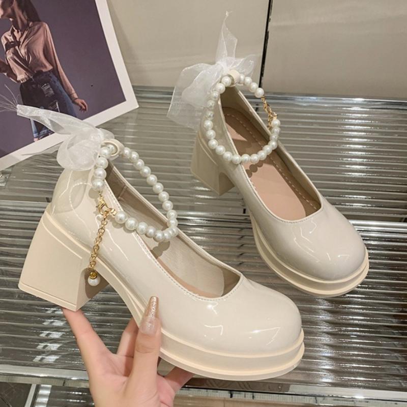 Fashion Beaded Lace Women High Heels Women Loafers Shoes 2025 Autumn New Elegant Mary Janes Shoes Fashion Chunky Pumps Dress Zapatillas