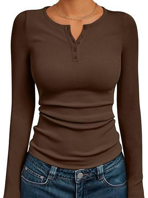Damska prążkowana koszulka Henley z długim rękawem, dopasowana, na jesień