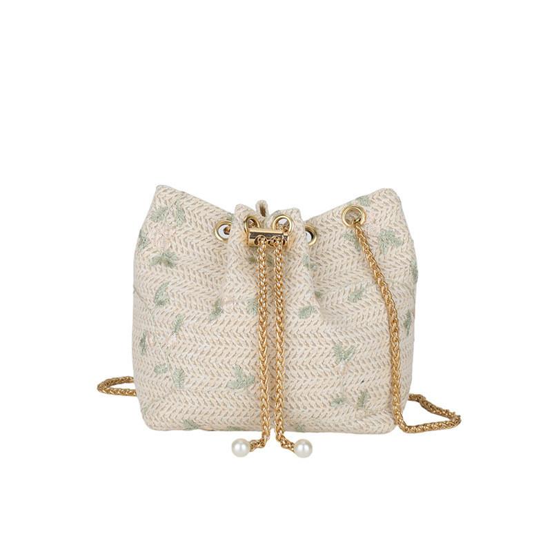 Literary National Style Large Straw Woven Drawstring Shoulder Bag With Chain