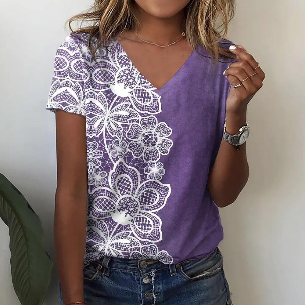 

Летние свободные футболки для пар, женские топы с V-образным вырезом и короткими рукавами, повседневные футболки с 3D цветочным принтом L