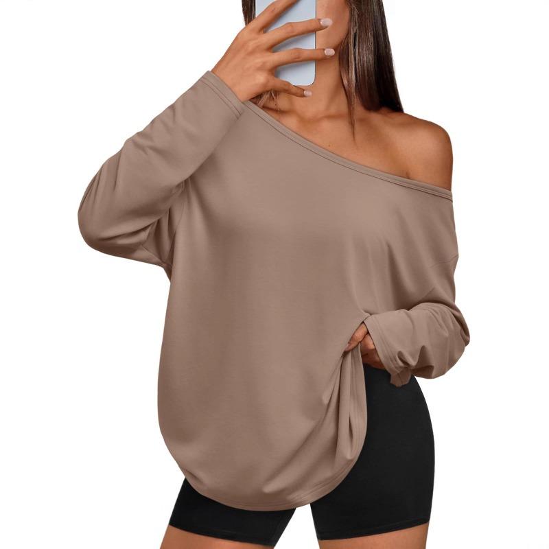 Women S Color Block Off Shoulder Hooded Long Sleeve Casual Sports T Shirt