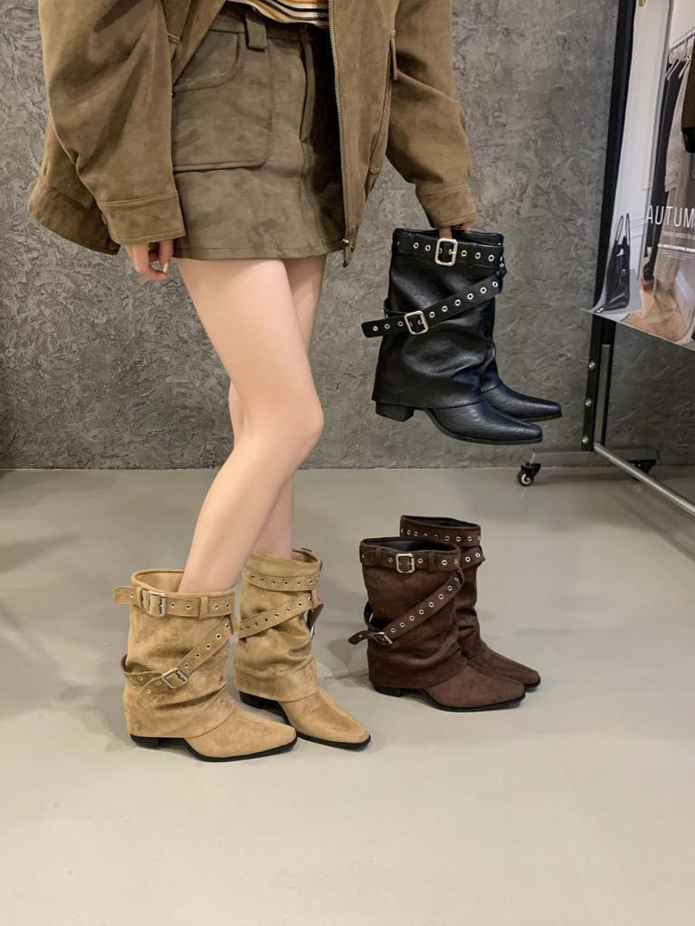 2025 New Retro Pointed Thin Boots Belt Buckle Thin But Knee Pile Boots Women's Versatile Thick Heel Mid Boots