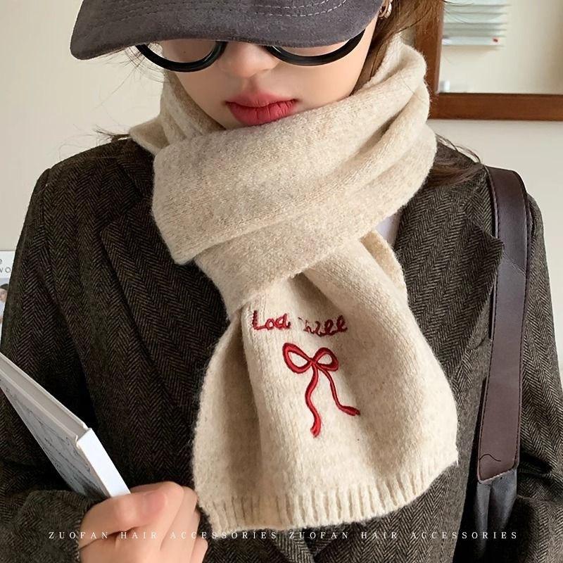 Winter Warm Knitted Scarf Selected Autumn and Winter Wool Blended Monochrome Embroidered Scarf Women's New Versatile Parent Child Style