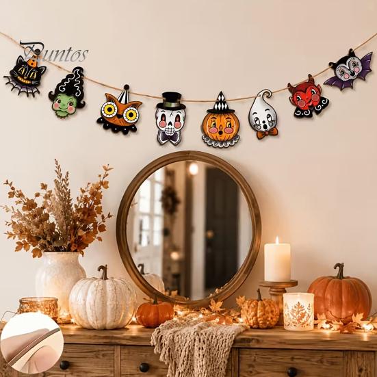Halloween Party Decorations 8Pcs Bunting Banner, Pumpkin Ghost Bat Witch Cartoon Hanging Garland, Indoor Holiday Wall Banners Retro Wooden Flag