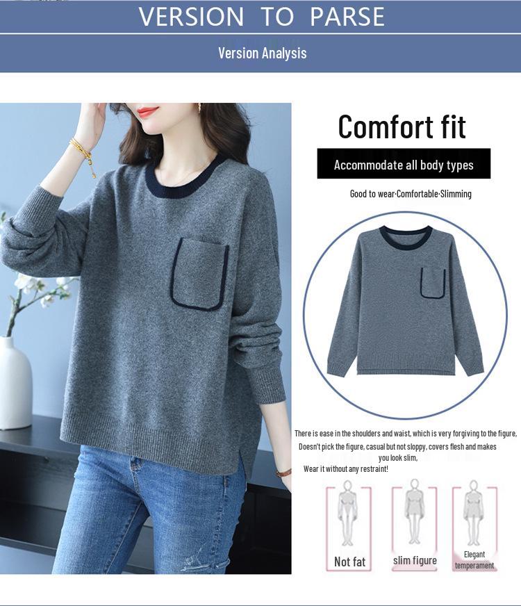Women's Loose Pure Wool Sweater: Thickened Autumn/Winter, Round Neck, Single Pocket, Stylish Middle-Aged Mother's Knitwear.