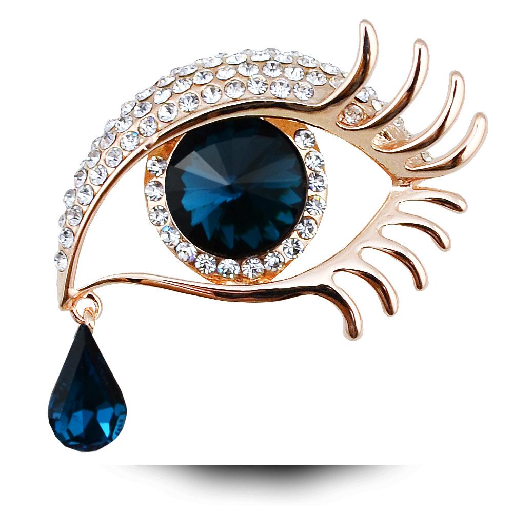 Elegant Gold-Plated Dark Blue & Black Eye Brooch - Fashionable Clothing Accessory & Corsage