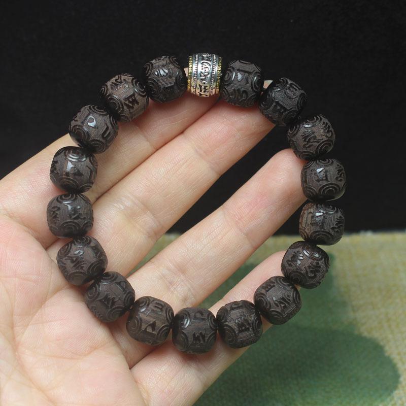 Natural Black Sandalwood Mala Bracelet, 12mm Handmade Buddhist Beads Wristband