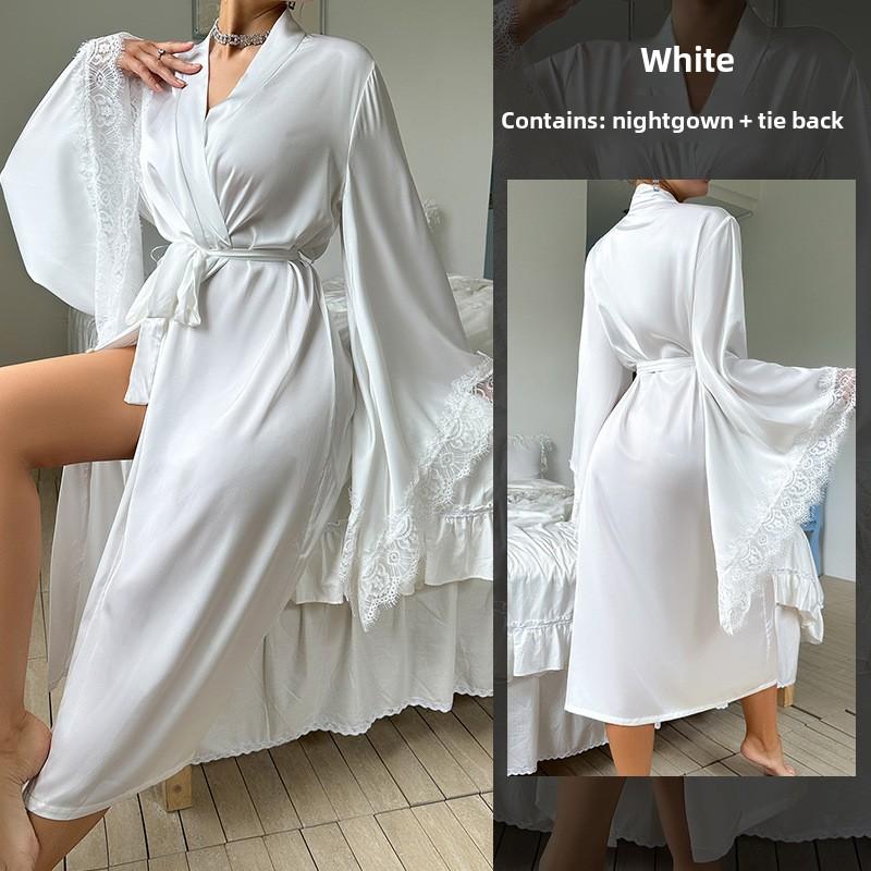 Satin Pajamas Lace Light Luxury Long-sleeved Cool Nightgown Bathrobe Loungewear