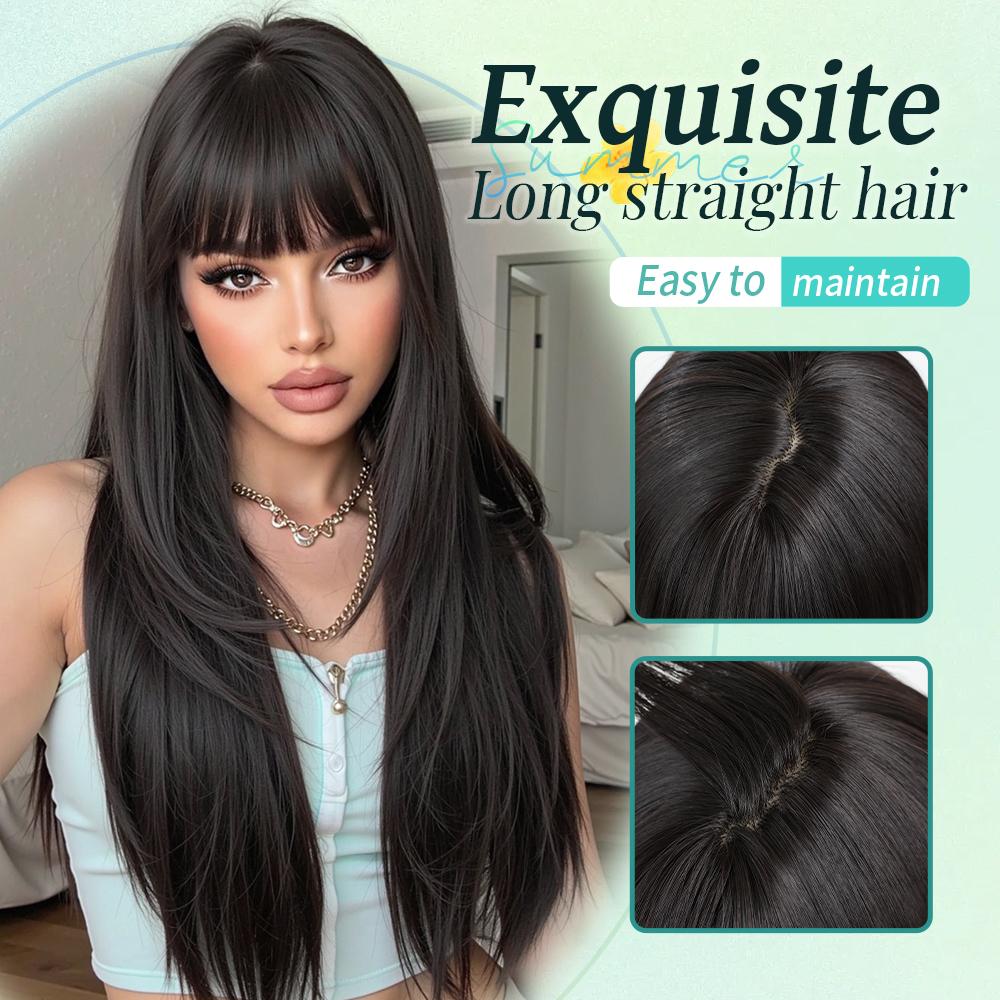 LOUIS FERRE Synthetic Fiber Wig For Women Long Straight Silky Daily Elegant Wigs Black Brown Fake Hair With Bangs High Resistant