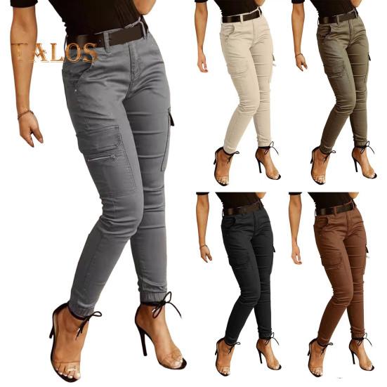 Pantaloni cargo slim fit pentru femei cu talie joasă, cu fermoar, cu fermoar, de culoare uni, pantaloni creion, cu mai multe buzunare, jambiere cu design