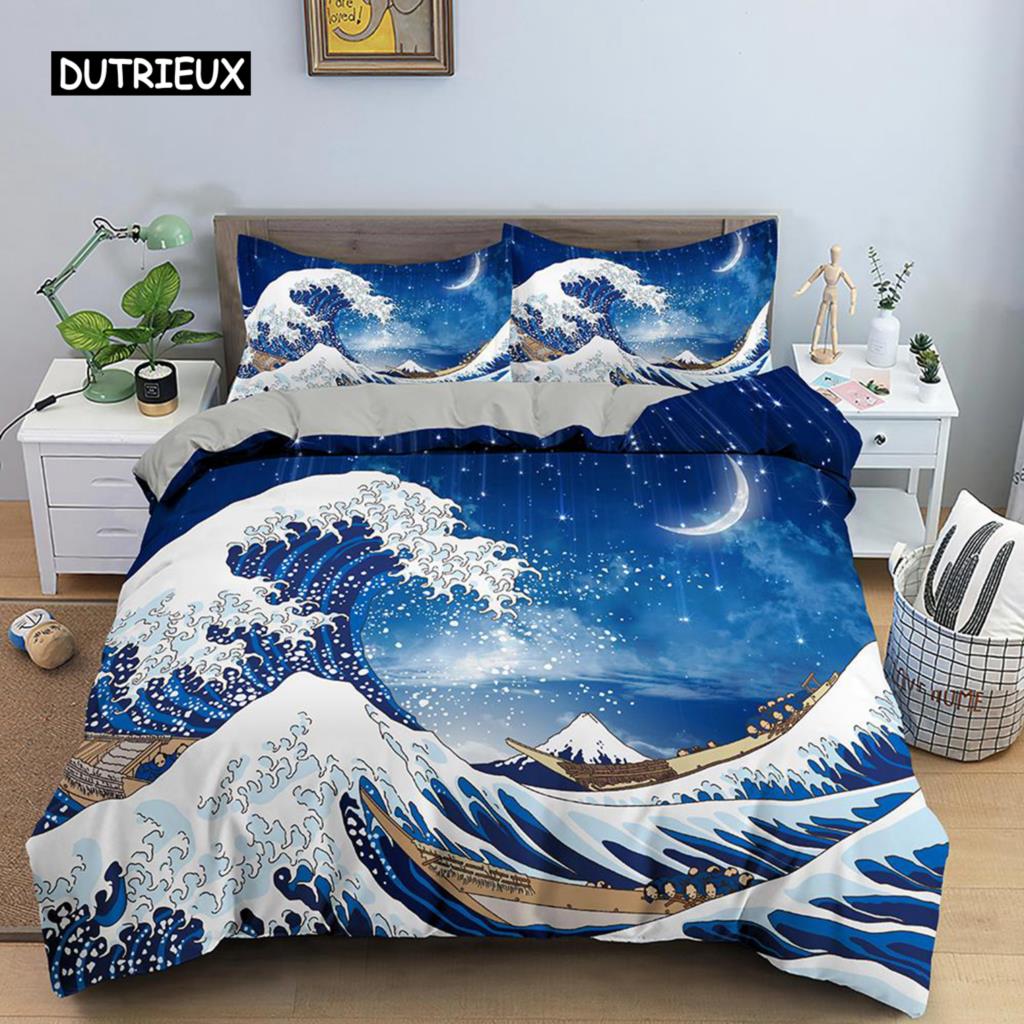 Wave Duvet Cover Set for Kids Teens Adult King Size Abstract Blue Ocean Comforter Cover Waves Sailing Moon Polyester Bedding Set