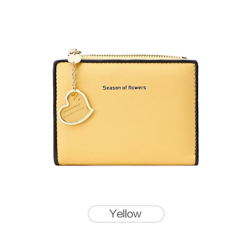 Women'S Small Wallet Double Fold Ultra Thin Zero Wallet Zipper ID Bag, Contrast Color Love Pendant Short Card Bag
