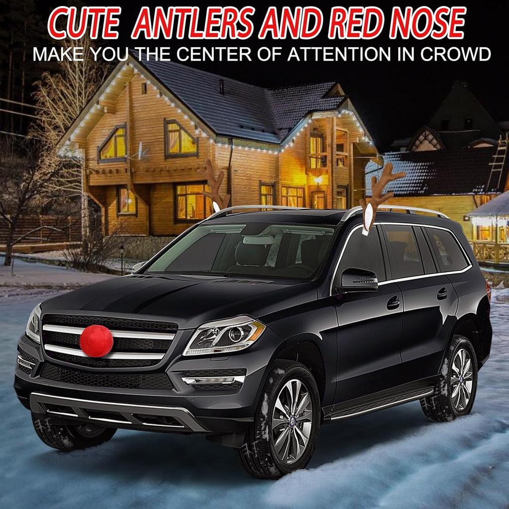 Car Reindeer Antlers & Nose Decorations - Cute Rudolph Reindeer Auto Holiday Accessories With Ears - Christmas Roof Top Decorations For SUV Van Truck