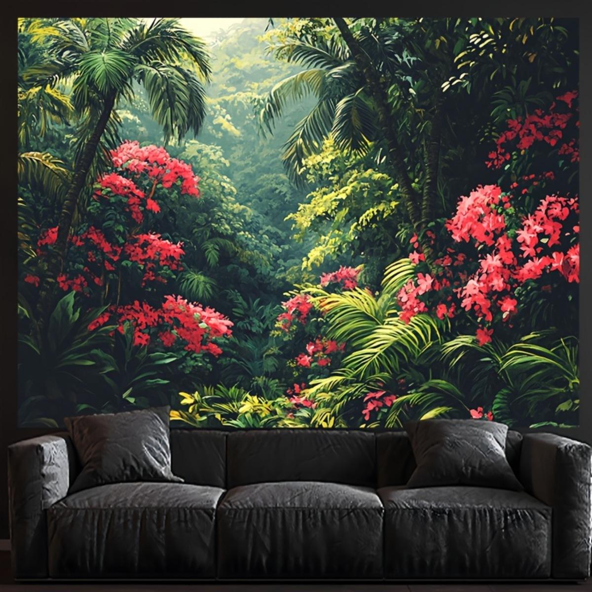 

1pc Large Tropical Jungle Wall Tapestry Art Nouveau Style Lush Rainforest Foliage with Palm Trees Monstera Red Hibiscus Flo 74x94cm(29x37in)