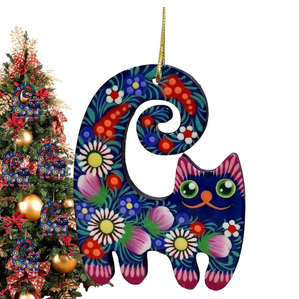 Enfeite de Natal de Gato de Madeira Pintado à Mão Enfeite de Natal de Gato Criativo de Madeira Fofo Enfeites de Natal Pintados à Mão Para Casa