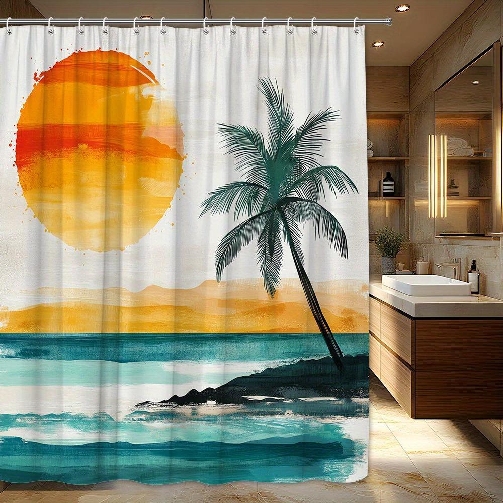 Tropical Sunset Palm Tree Shower Curtain Waterproof Beach Resort Bathroom Decoration Liner Coastal Summer Print