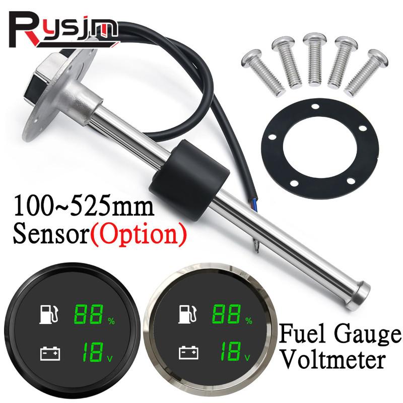 52MM 2 IN 1 Dual Digital Gauge Fuel Level Gauge Voltmeter With Warning Light Fuel Level Sensor For Marine Boat Car Truck
