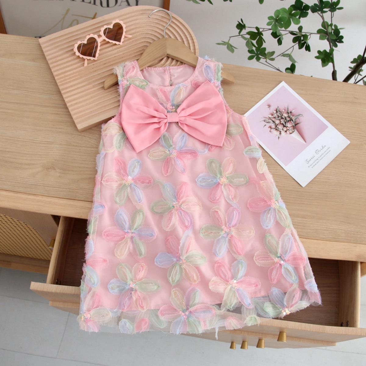 

Korean Girls Summer Princess Dress with Large Bow and Floral Design 4Y/110 розовый